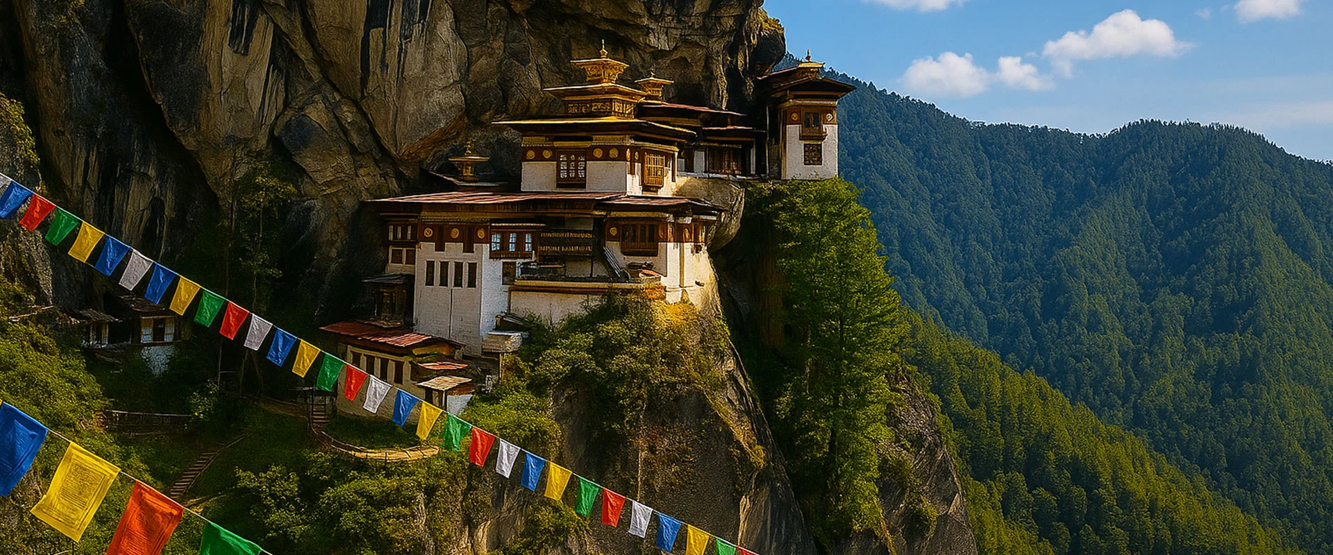 Prayer flags and Paro Taktsang monastery in Bhutan